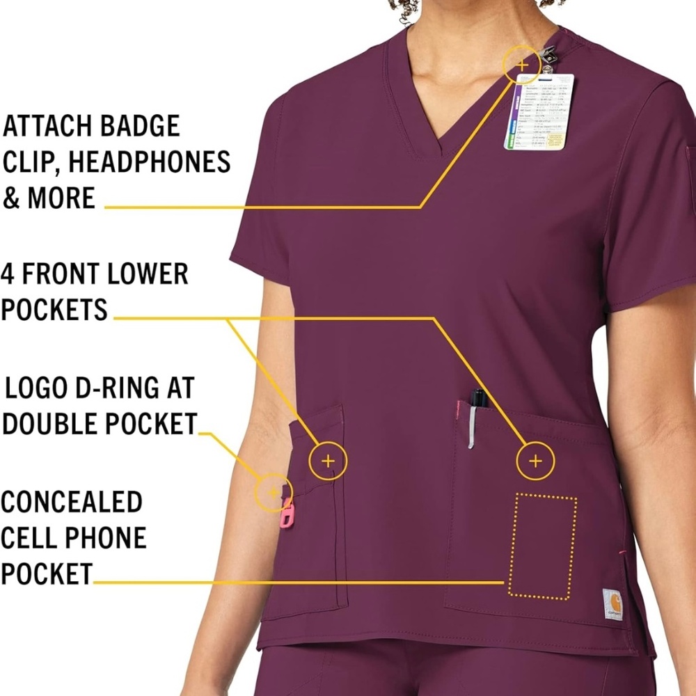 Carhartt Force Cross-Flex Modern Fit V-Neck Top (Scrub Top) Medium - Picture 3 of 6